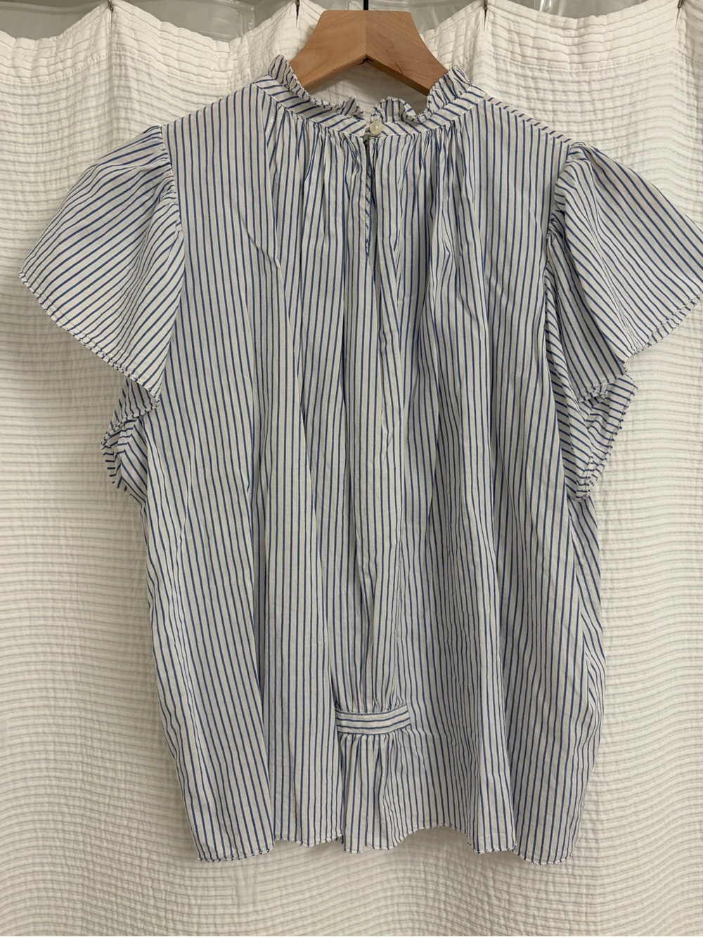 Trovata California Birds of Paradis Blue and White Striped Ruffle Neck Blouse